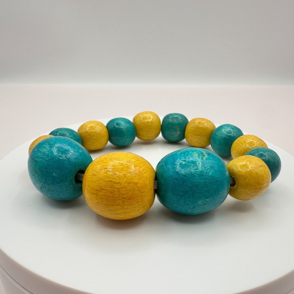 Vintage 80s Chunky Yellow Teal Wood Bead Stretch Bracelet Bangle Jewelry